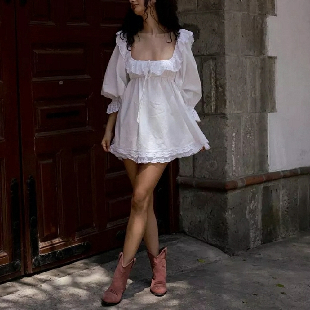 White Empire Waist Babydoll Dress with Eyelet Lace Ruffle Trims - Picture 2 of 12